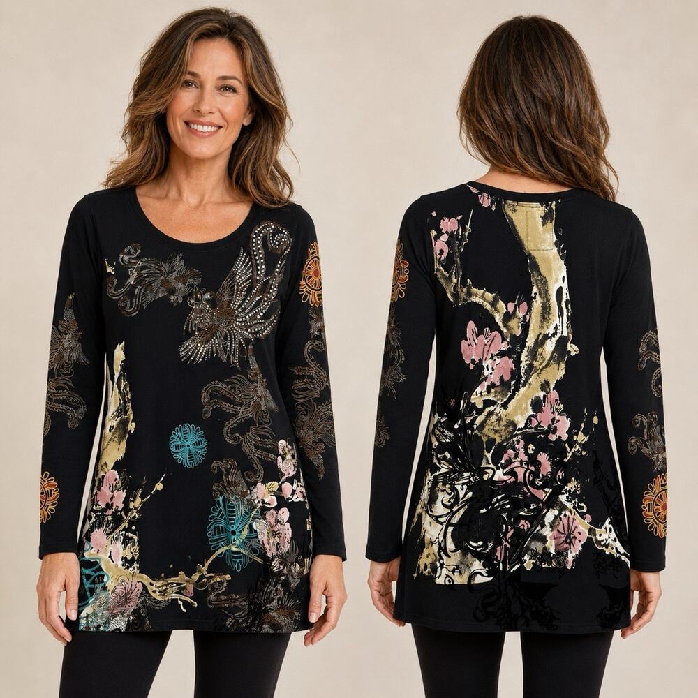 Ruthless Art Tunic Tee Large Slimfit Black Rhinestone Floral Long Sleeves Women